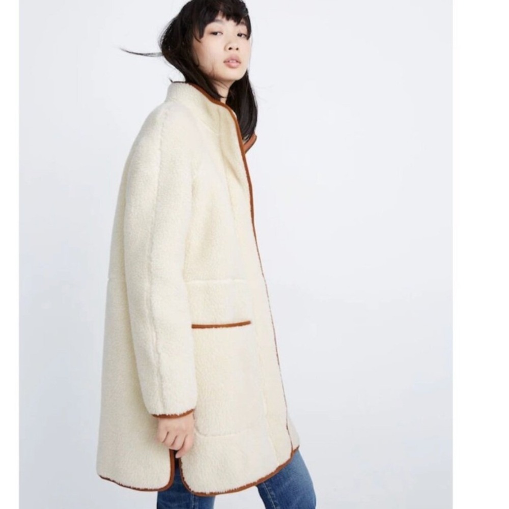 Madewell Sherpa Estate Coat Cream Brown Trim XXS Longline Full Zip Pockets